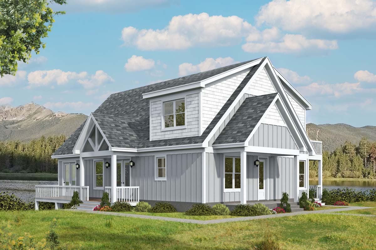 House plan exterior with Craftsman style. Two-story home with front porch, gables, dormer, and board and batten siding.