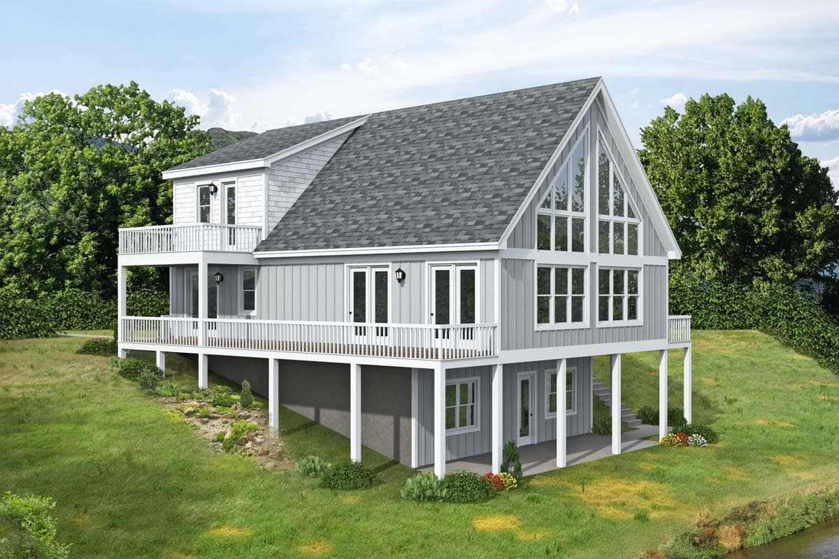 House plan exterior: Two-story modern style with multiple decks, gabled roof, and large multi-pane windows.