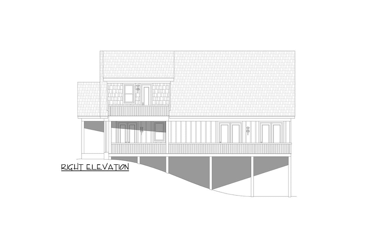 Right elevation drawing of a two-story house plan with balconies on both levels, covered porch, and visible foundation.