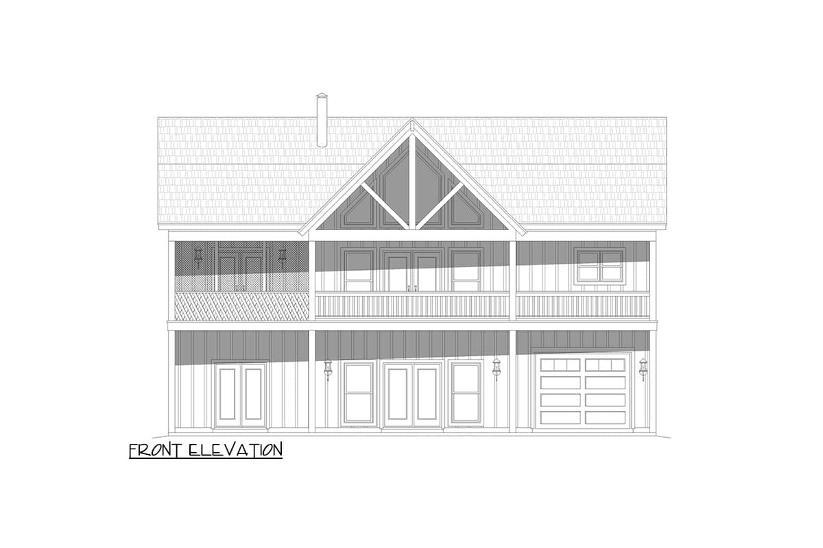 Front elevation drawing of a two-story house plan featuring a prominent gable, double balconies, and a three-car garage.