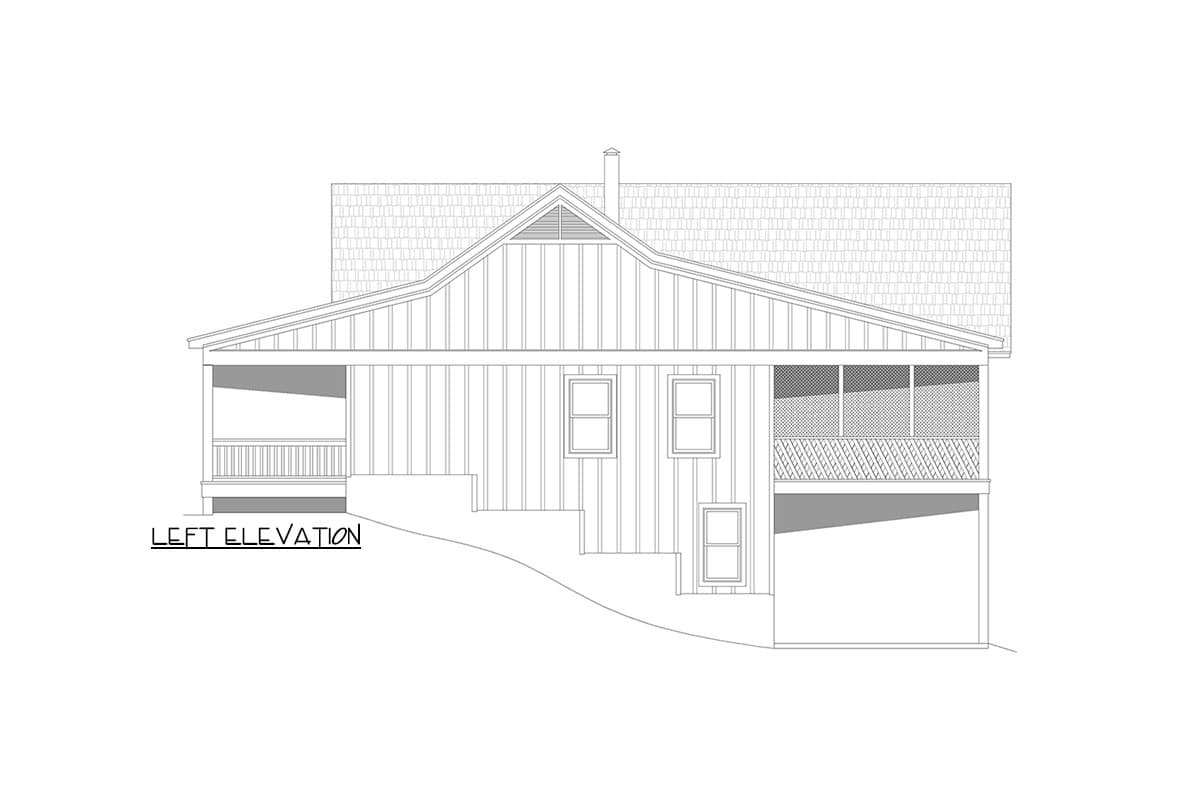 Left elevation drawing of a house plan with a gable roof, porch, screened porch, and tiered foundation.