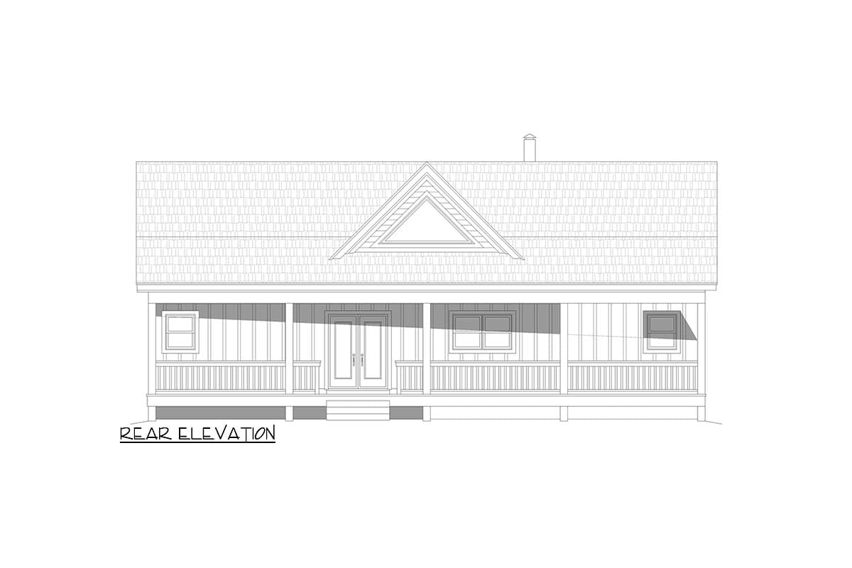 Rear elevation drawing of a house plan featuring a full-width covered porch, double doors, and a prominent gable with a triangular window.