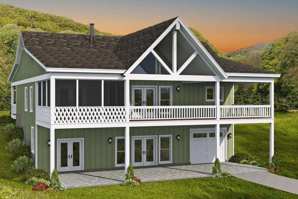 House plan exterior. Two-story with open porch, screened balcony, and gable roof. Includes a garage and a stone patio. 