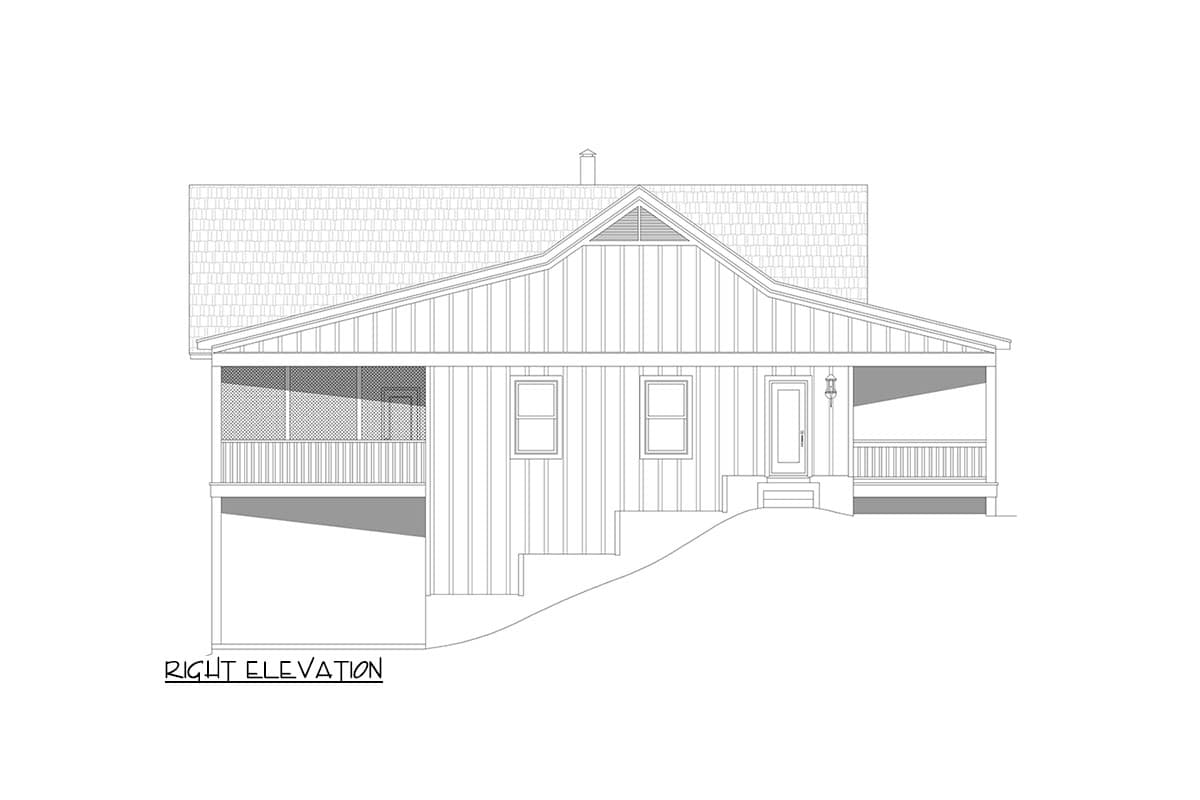 Right elevation drawing of a house plan featuring a gambrel roof, front porch, screened side porch, and vertical siding.