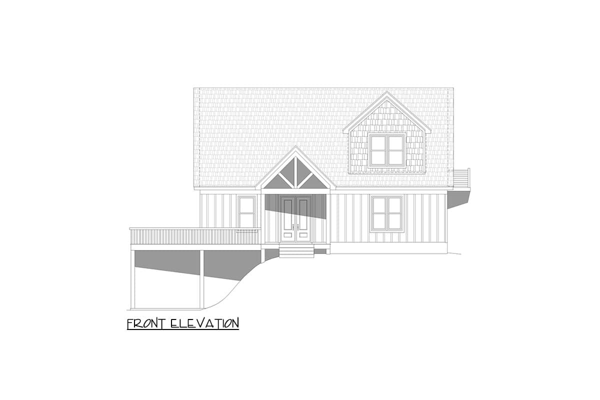 Front elevation drawing of a house with a gabled entry, dormer window, and wrap-around deck.