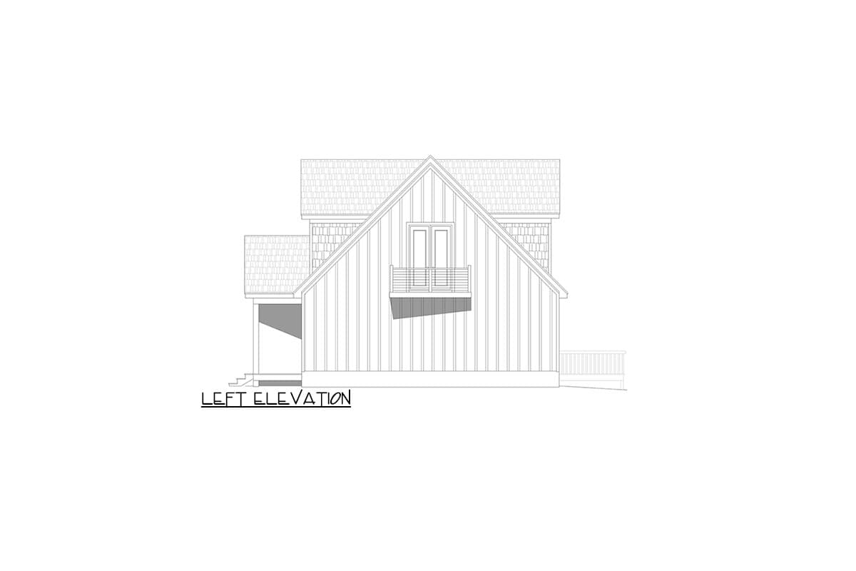 Left elevation of a two-story house plan showing gabled roof, dormers, vertical siding, and a balcony.