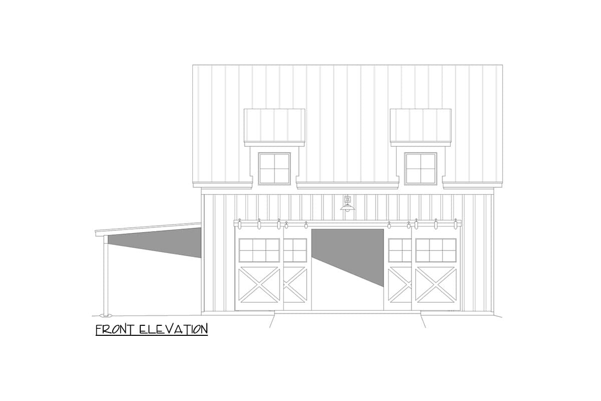Front elevation of a two-story house plan featuring a metal roof, dormers, and two large sliding barn doors.
