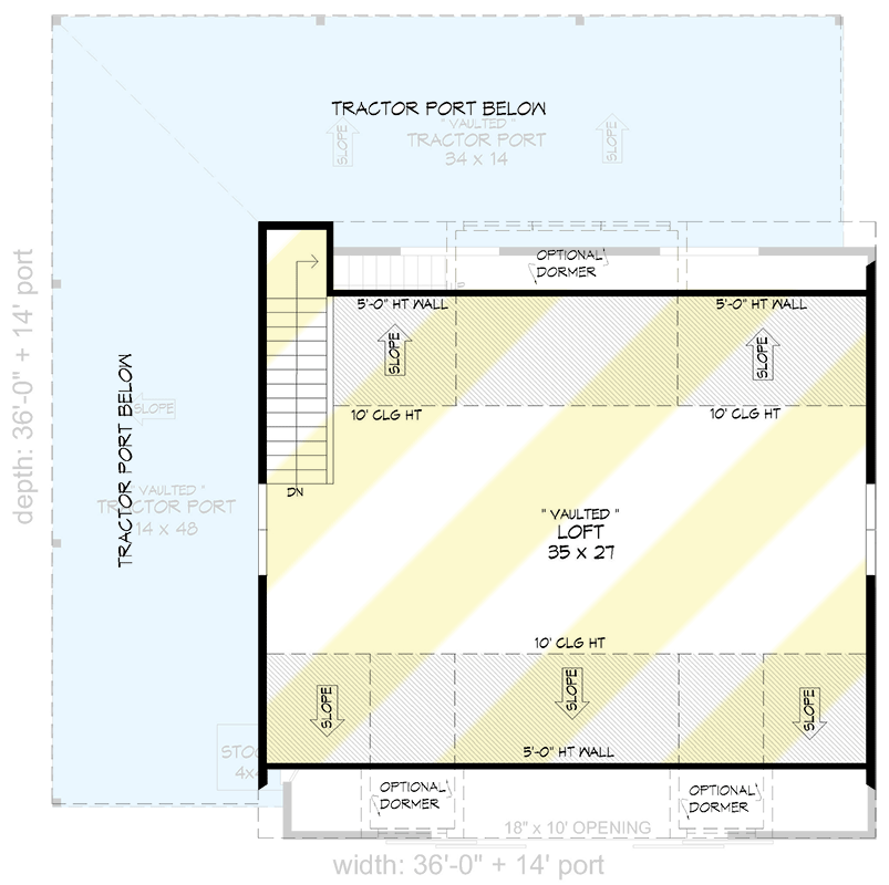 Plan 680255VR: Barn 1296 Sq Ft of Vehicle Space with 2 Tractor Ports and Storage Loft - Floor Plan - Loft Above - Country