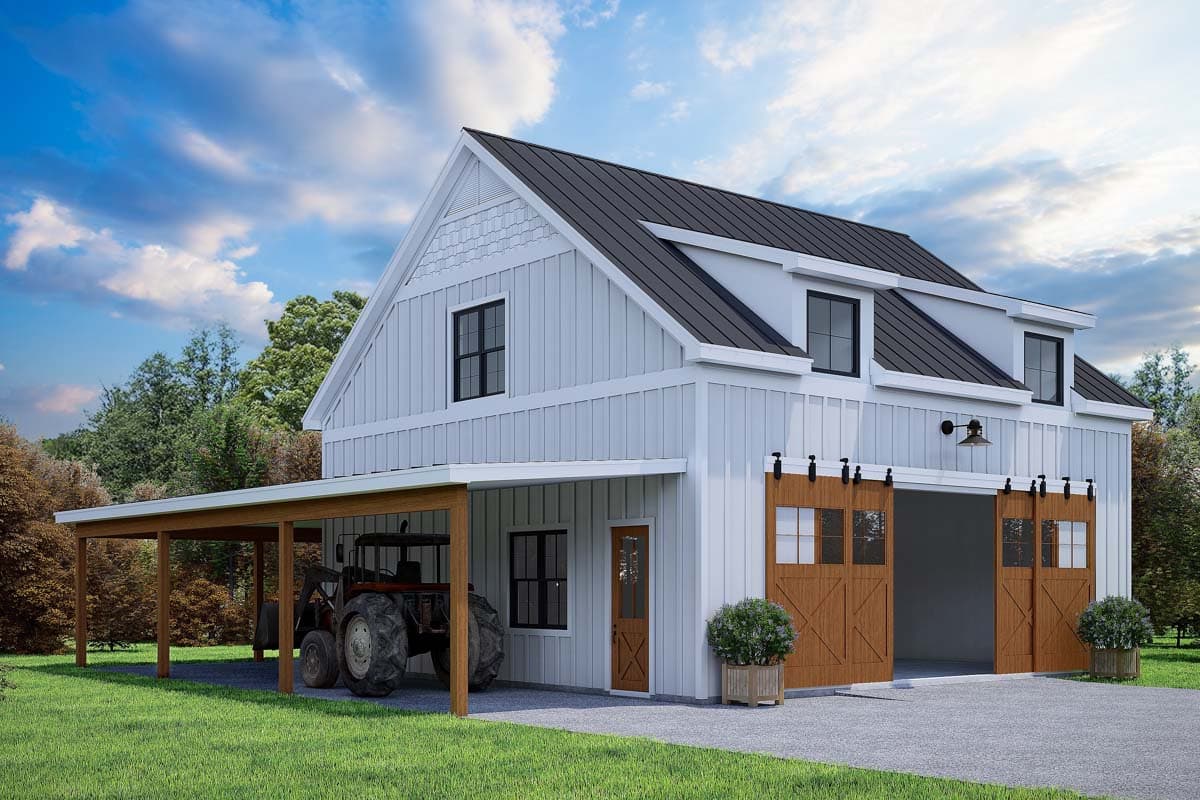 Modern Farmhouse house plan exterior with a covered carport, two-story design, and large sliding barn doors.