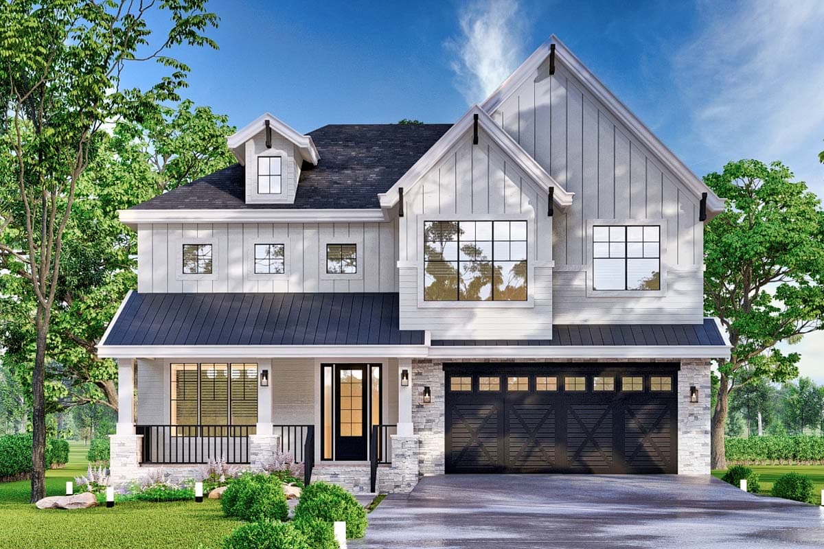 House plan exterior: Two-story Modern Farmhouse with gables, a covered porch, and a side-entry garage. Features a dark metal roof and dormers.