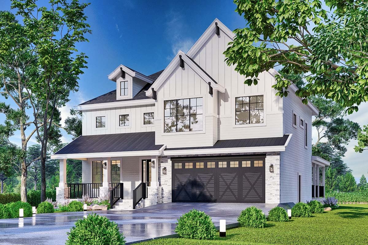 Modern Farmhouse house plan exterior with gables, covered porch, and a side-entry garage.