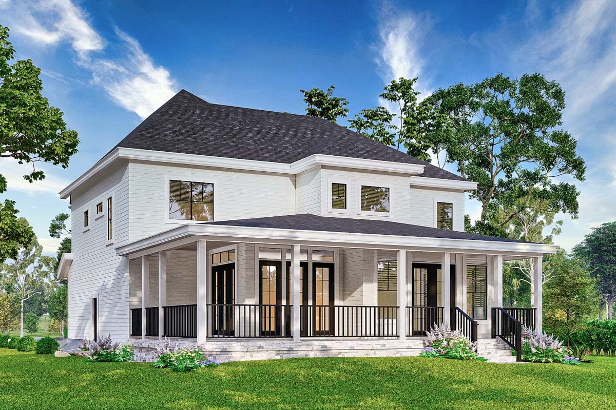 Exterior view of a two-story house plan featuring a wrap-around porch with black railings, gabled roof, and prominent gables.