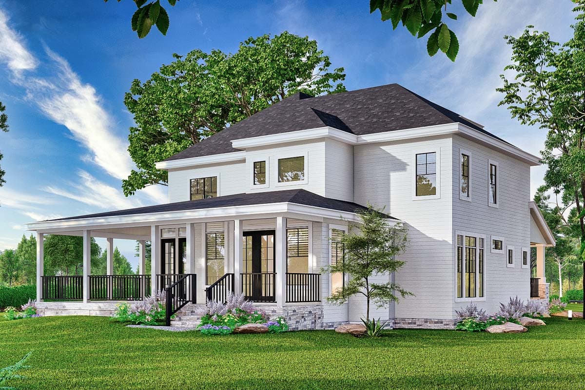 House plan exterior of a two-story Modern Farmhouse with a wrap-around porch, gables, and double-hung windows.