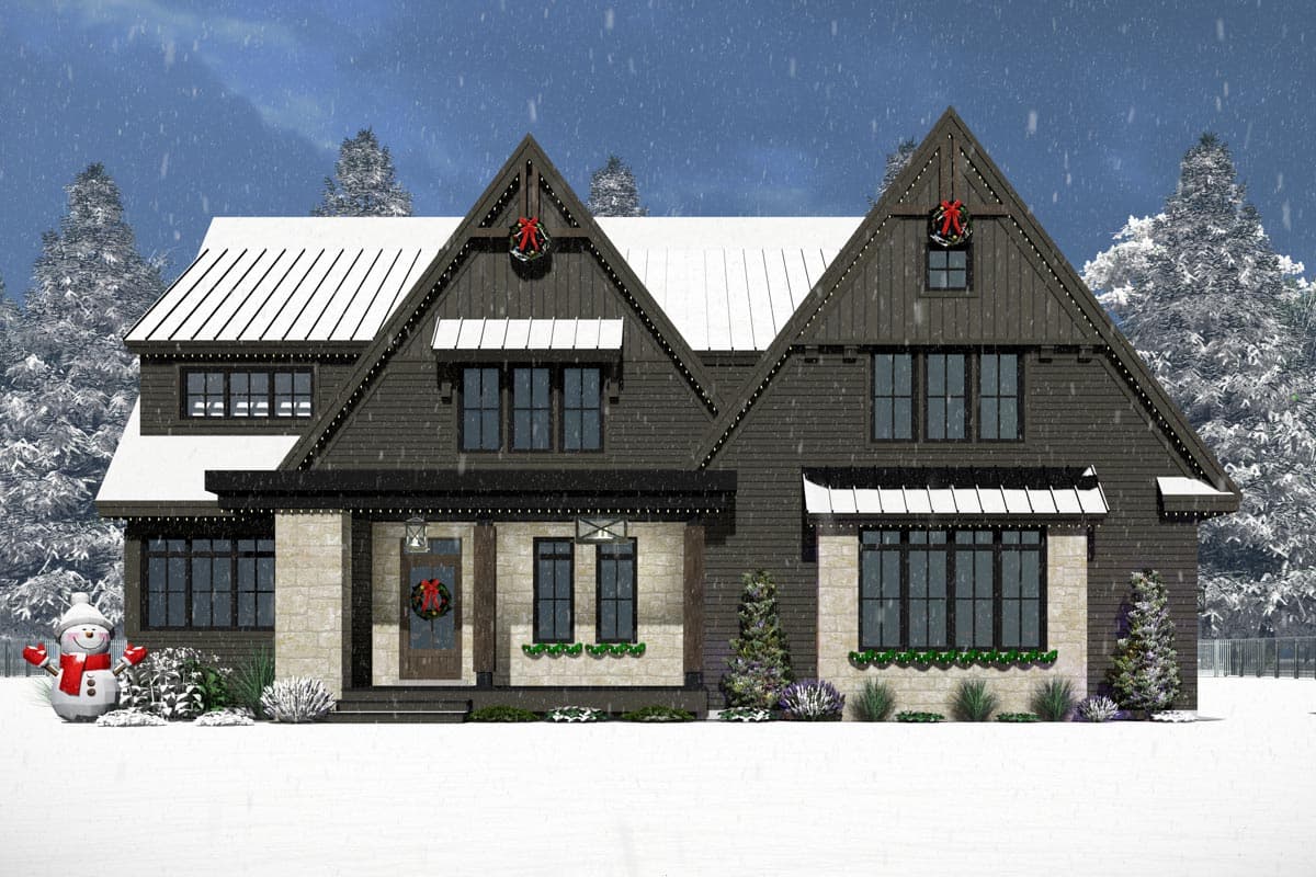 A snowy winter scene depicts a dark-colored house with Christmas wreaths and lights. A snowman stands to the left. Snow falls around the home.
