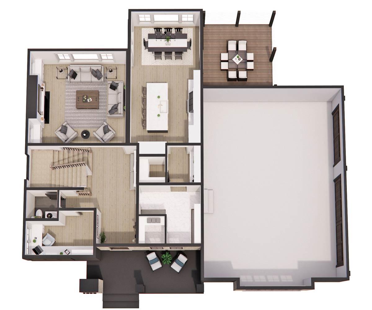 A top-down view of a house floor plan with detailed furnishing, including living room, kitchen, dining area, outdoor deck, and large open space.