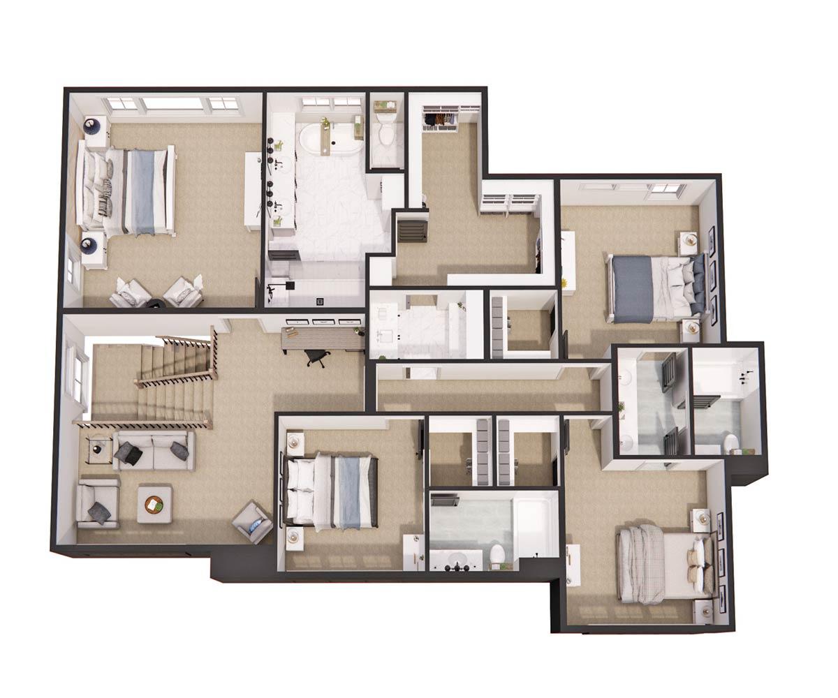 A detailed architectural floor plan of a multi-room house with bedrooms, bathrooms, a living area, and a staircase, rendered with furnishings.