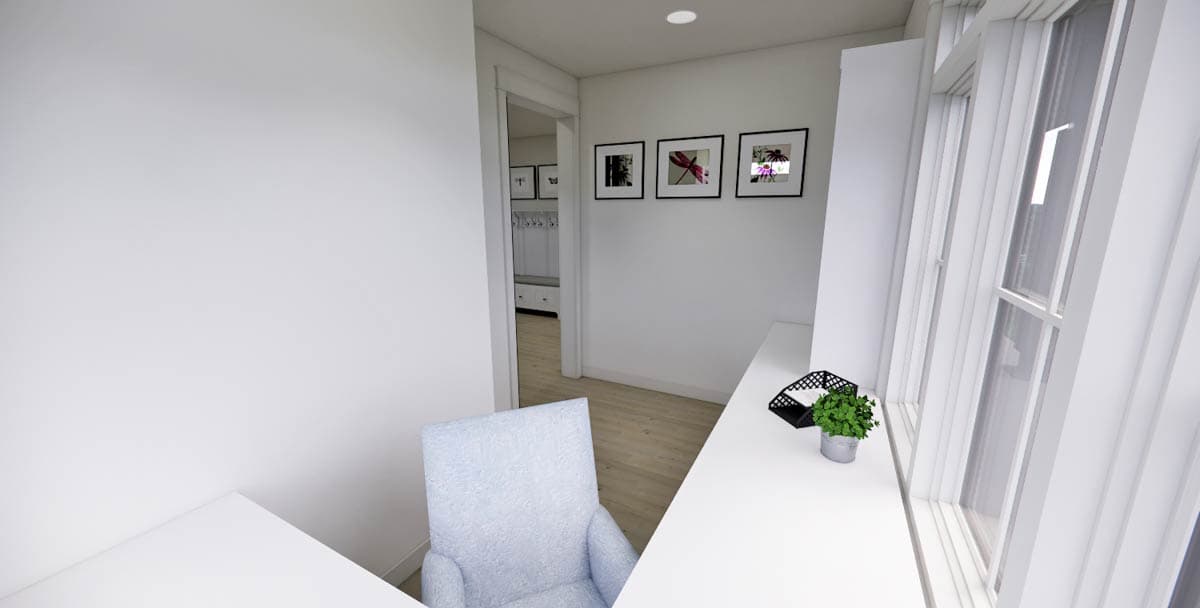 A modern interior features a white desk and a light blue armchair. Artwork hangs on a white wall near a window with a small potted plant.