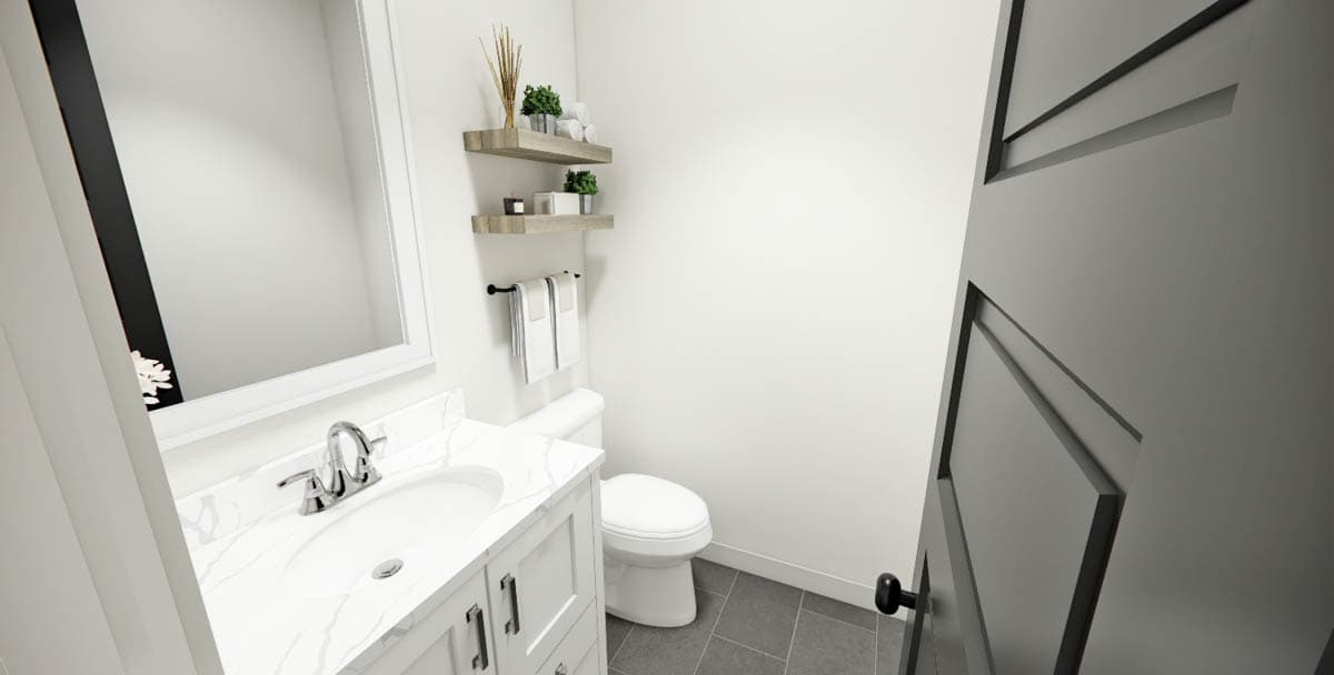 A modern, minimalist bathroom with white walls, a gray-tiled floor, and a dark gray door. Features include a sink, toilet, and shelves with decor.