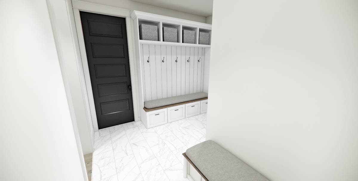 Hallway with a built-in white bench and storage. A black door is to the left, and a small bench sits in the foreground on the right.
