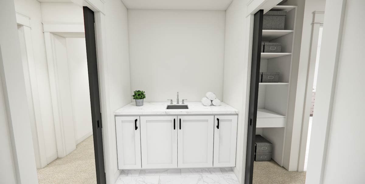 A modern white vanity with a marble countertop, sink, and storage cabinets is framed by open doorways. Shelves and baskets are to the right.