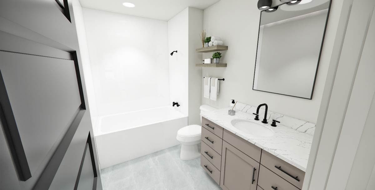 Modern bathroom design with a white bathtub, vanity, and toilet. Features include black fixtures, marble countertop, and wood shelves.