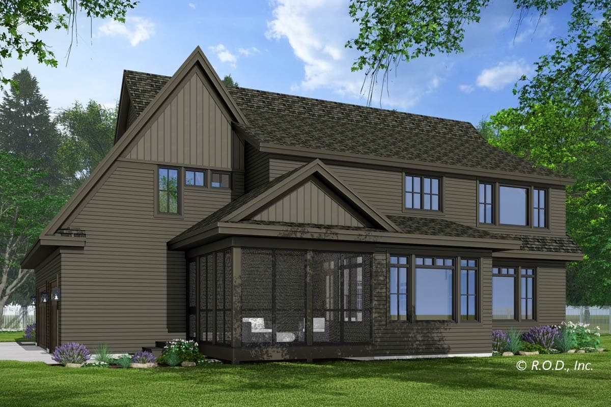 A two-story house with dark brown siding and a screened-in porch. Landscaping and a grassy yard surround the home, with trees in the background.