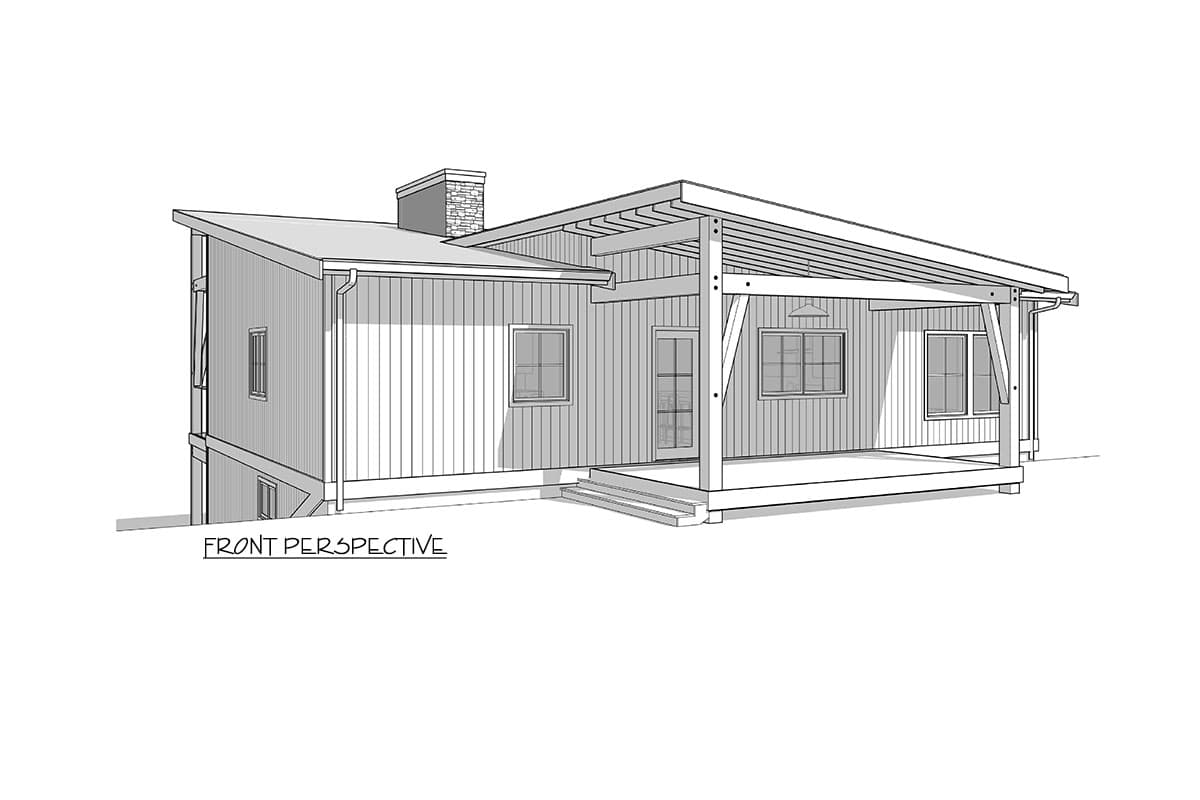 House plan exterior with shed roofline, covered porch, stone chimney, and vertical siding.