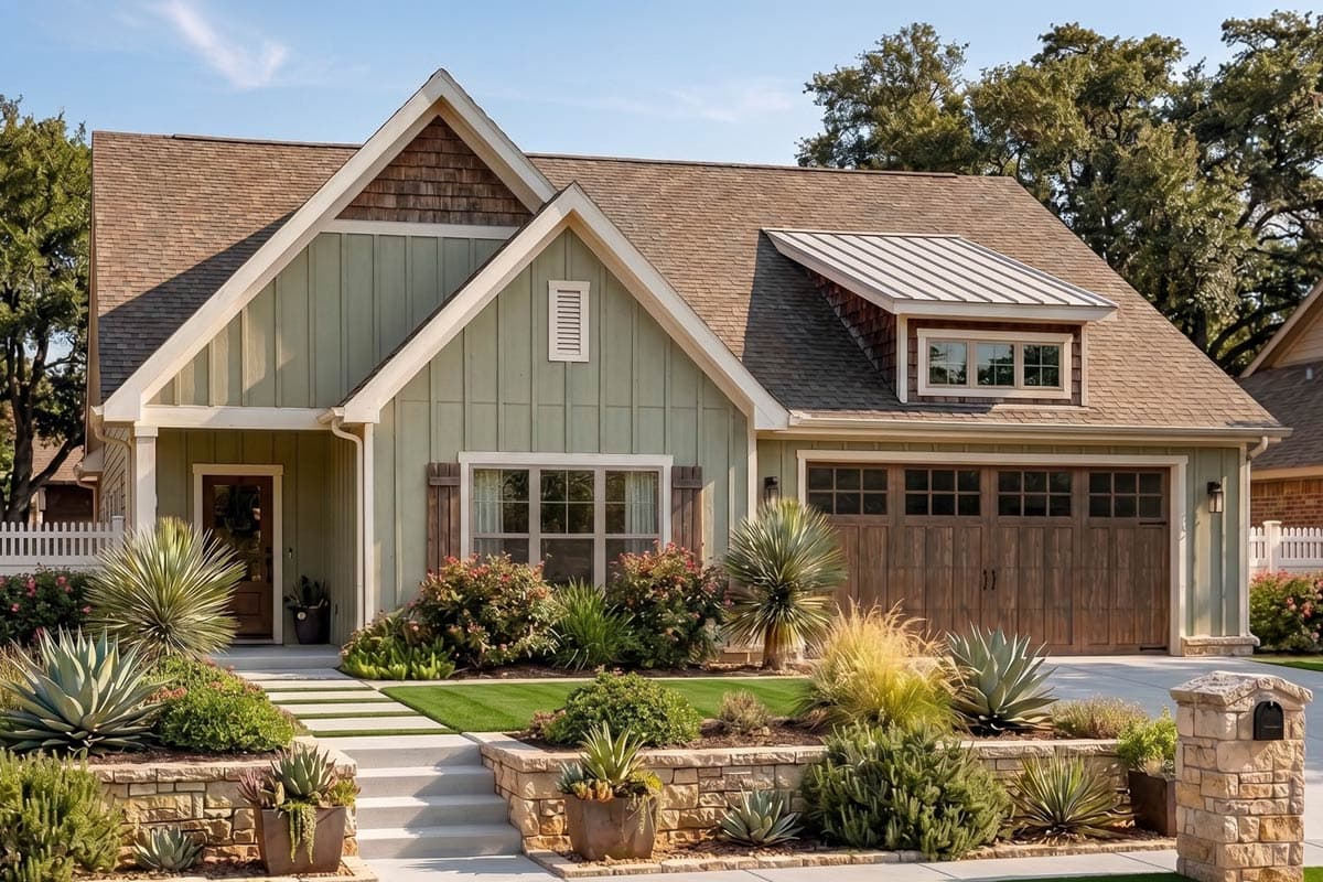 House plan exterior. Craftsman style with a single story, front porch, shake siding on a gable, and a garage with a carriage-style door.