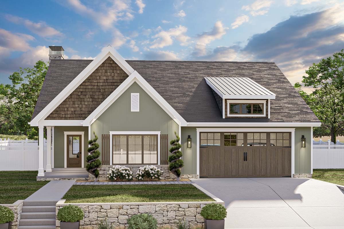 House plan exterior. Craftsman style with a single story, front porch, shake siding on a gable, and a garage with a carriage-style door.