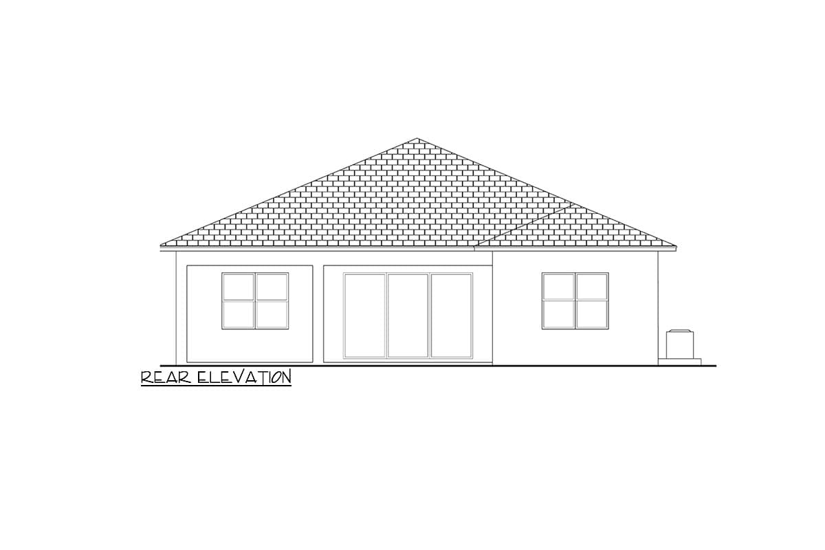 Rear elevation drawing of a one-story house with a hip roof, two windows, and sliding glass doors.