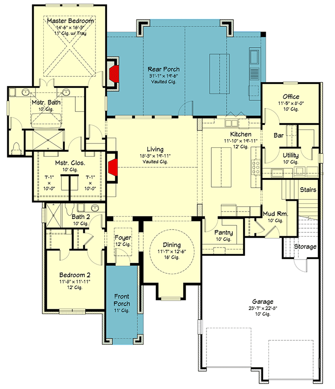 Plan 860077MCD: Transitional House Plan with 4 Beds and Home Office - 2915 Sq Ft - Floor Plan - Main Level - Contemporary, European, French Country, Transitional