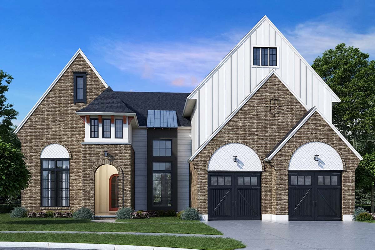 House plan exterior with brick facade, gabled dormers, arched windows, and a three-car garage with carriage doors.