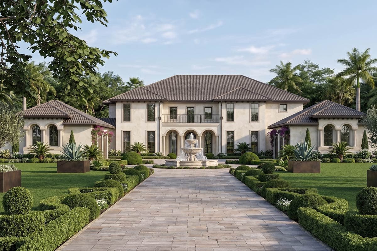 House plan exterior: Two-story Italian Renaissance style with arched entryway, central fountain, and attached gabled wings.