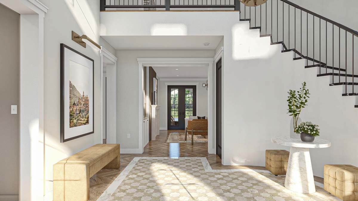 Interior rendering of a foyer with a modern staircase, decorative tiled floor, and a bench.