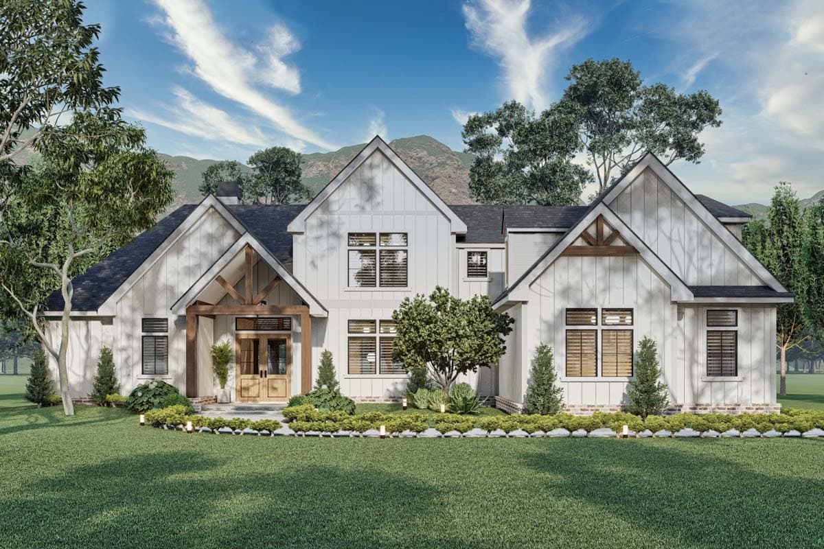 House plan exterior featuring a two-story Modern Farmhouse design. Notable features include a gabled roof, timber-framed porch, and multiple dormers.