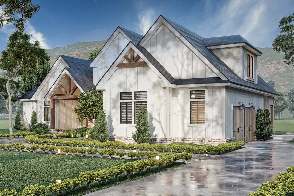 Modern Farmhouse house plan exterior with vertical siding, gabled dormers, and attached garage. Two stories.