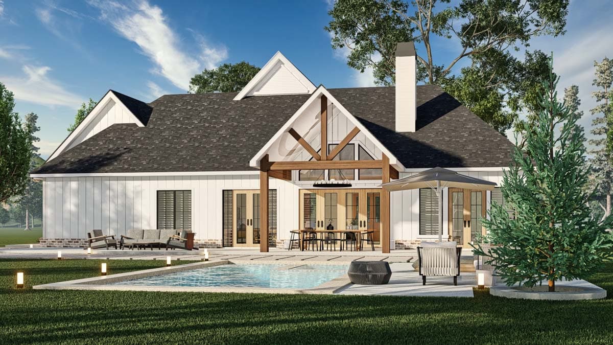 House plan exterior: Modern Farmhouse style, one story, white board and batten siding, gabled roof, covered patio, and pool.