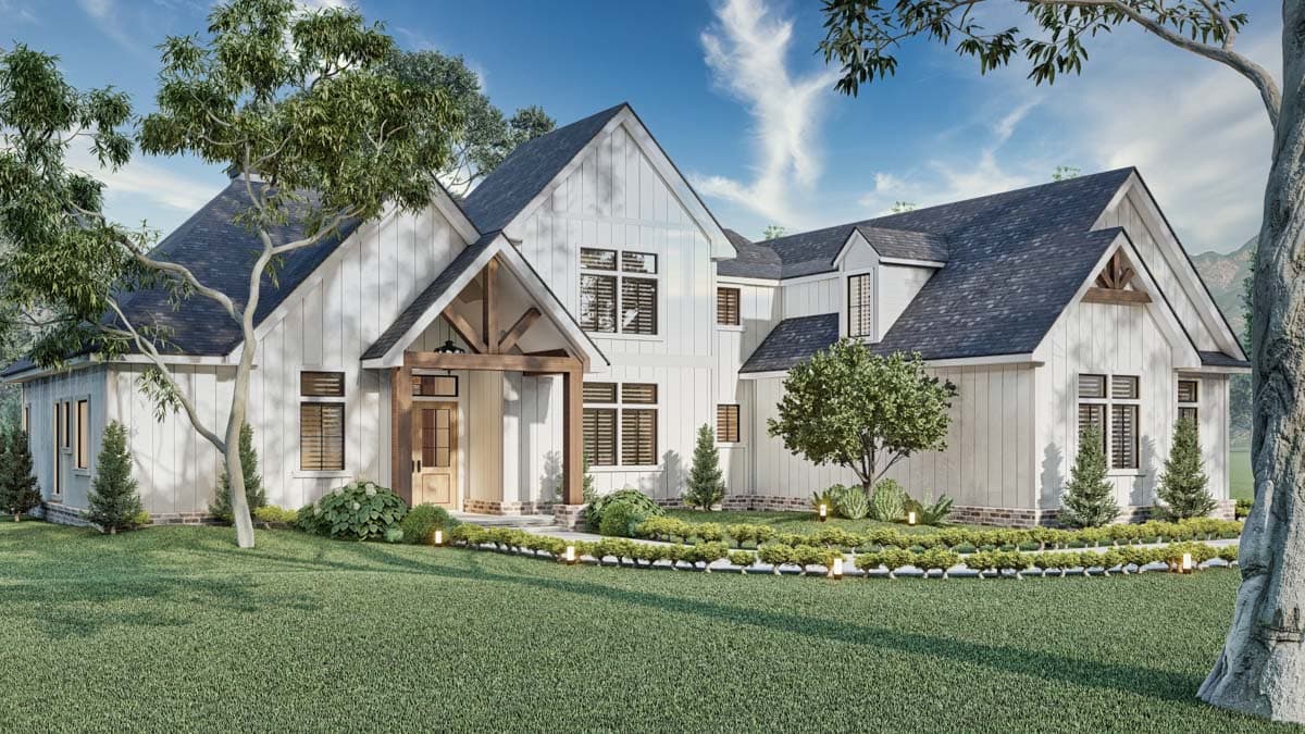 Modern farmhouse house plan exterior with board-and-batten siding, prominent gables, and a covered entry with exposed beams.