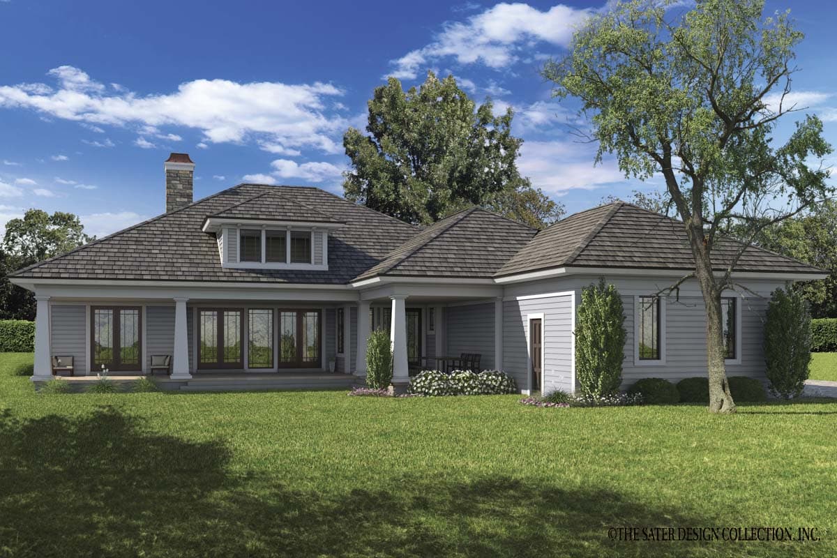 House plan exterior with stone chimney, dormer windows, covered porch with columns, and wide glass doors.