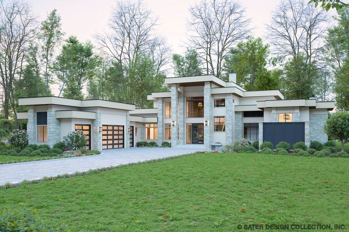 Modern house plan exterior with two stories, stone accents, large windows, and a two-car garage.