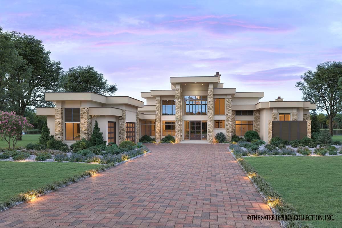 House plan exterior. Modern style, single story home with flat rooflines, stone accents, and large windows. Includes attached garage.