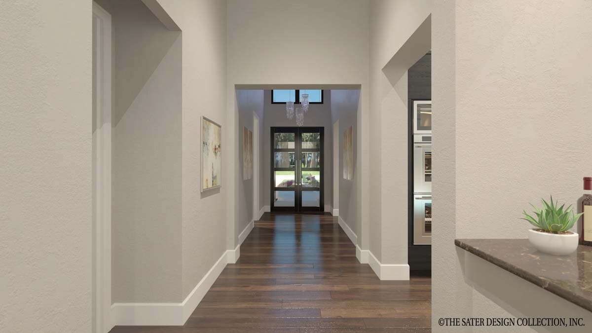 Interior rendering: Hallway with double doors, hardwood floors, and view of kitchen with double ovens.