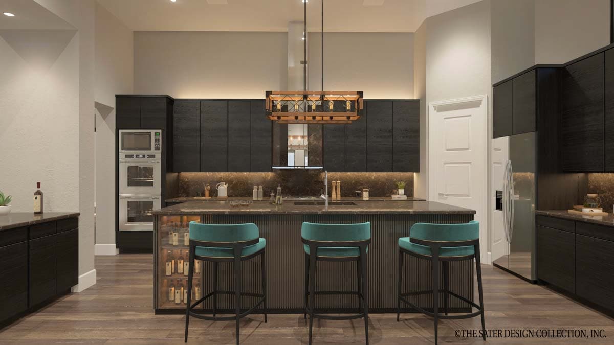 Modern kitchen with dark cabinetry, a large island with turquoise bar stools, built-in double ovens, and a stainless steel refrigerator.