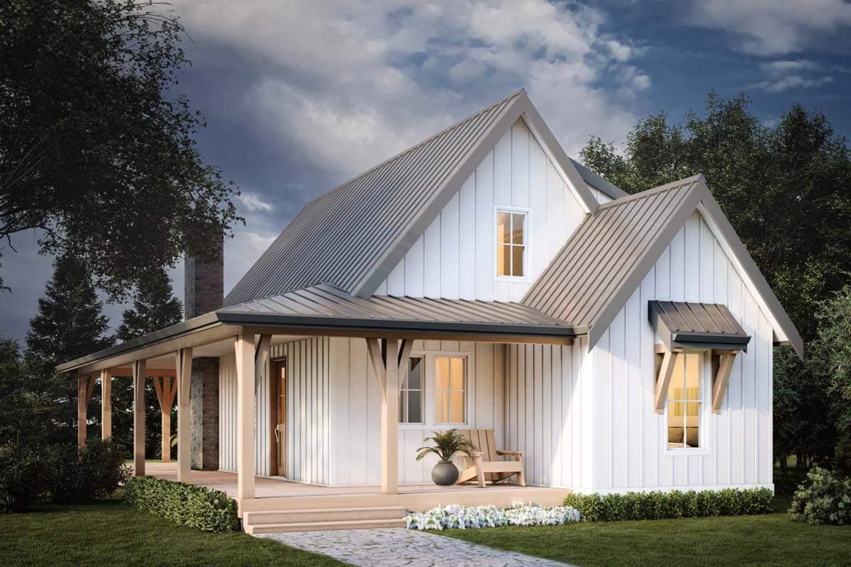 Modern farmhouse house plan exterior with wrap-around porch, gables, and metal roof.