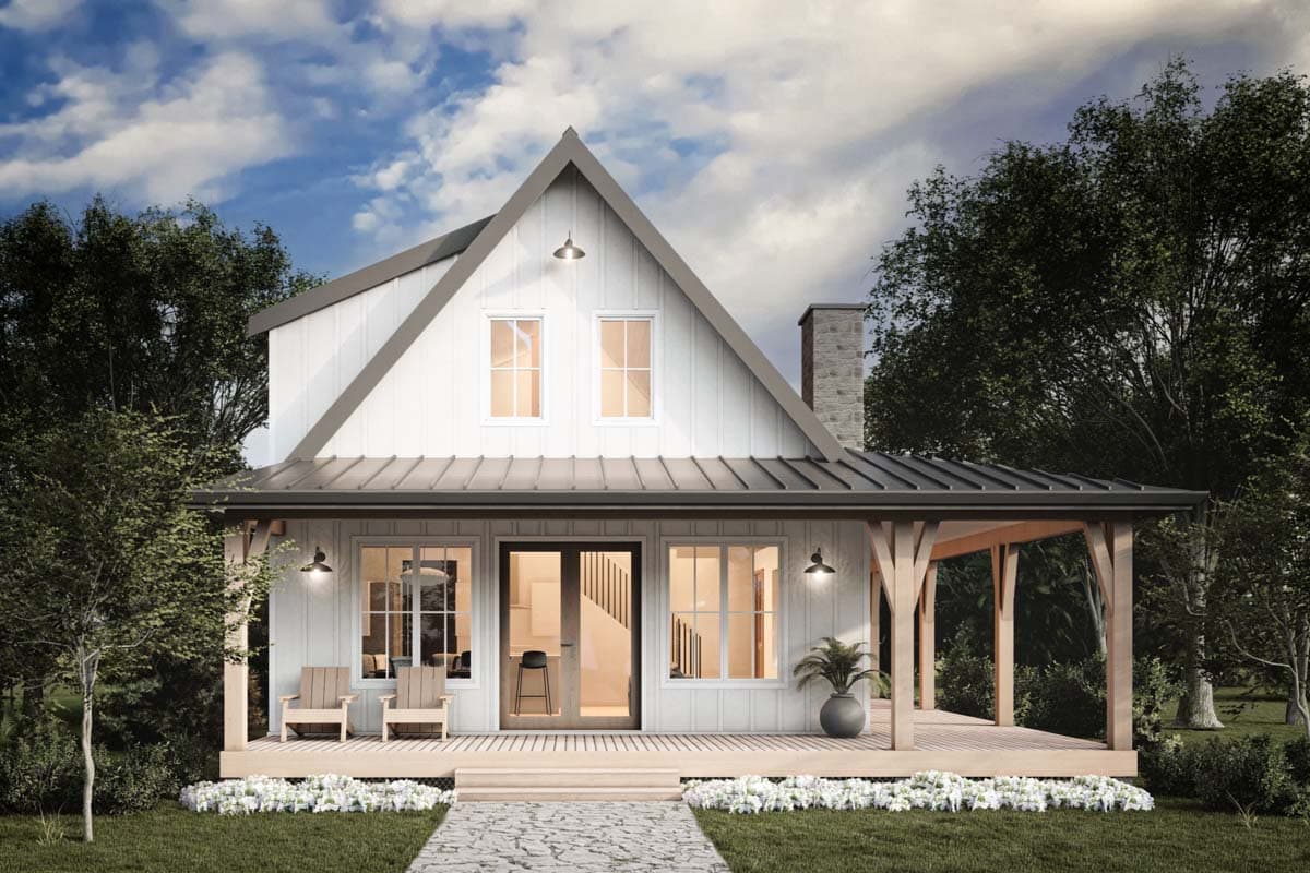 Modern Farmhouse house plan exterior with board and batten siding, gabled roof, metal roof, and covered porch with timber posts.