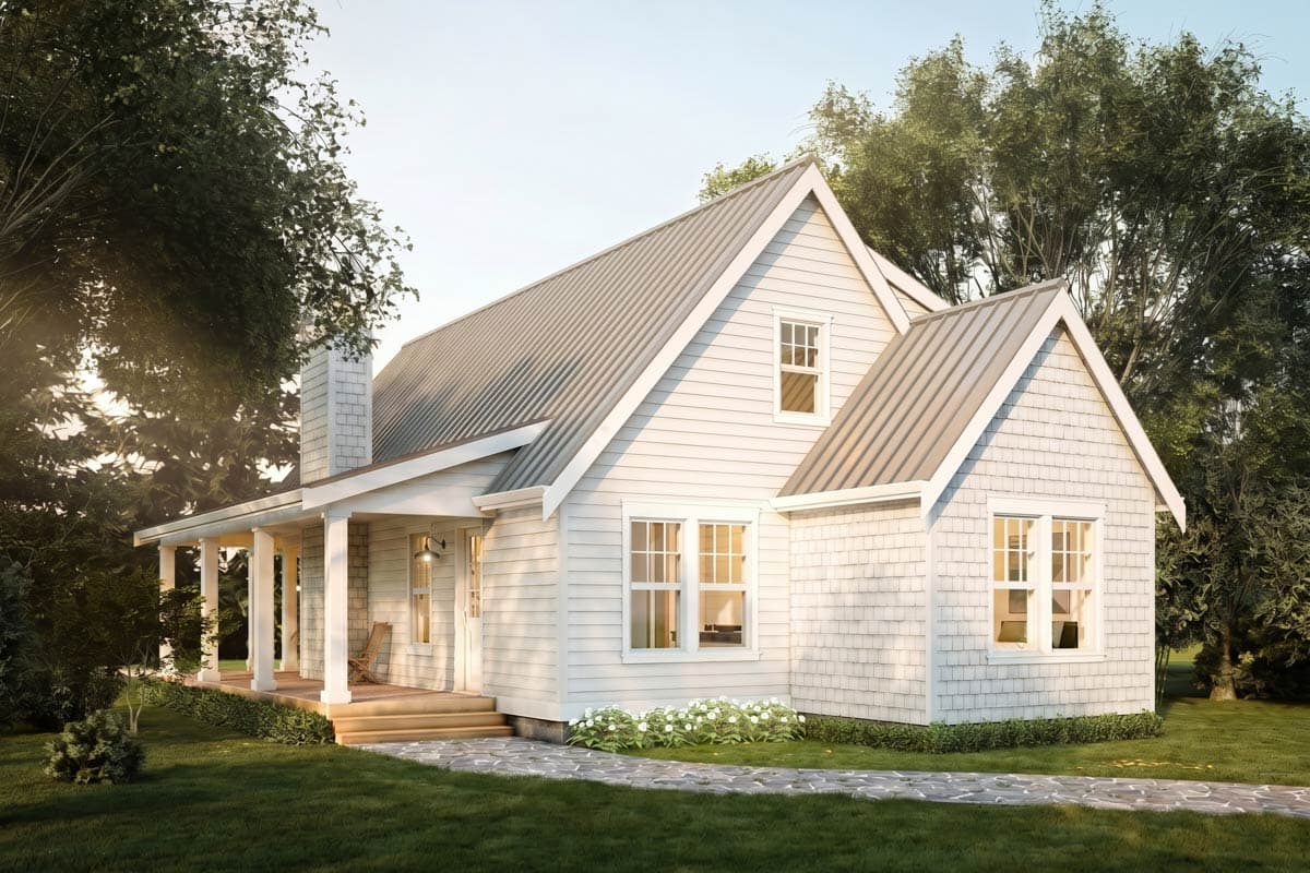 Modern farmhouse house plan exterior with metal roof, prominent gables, side porch, and shingle and clapboard siding.