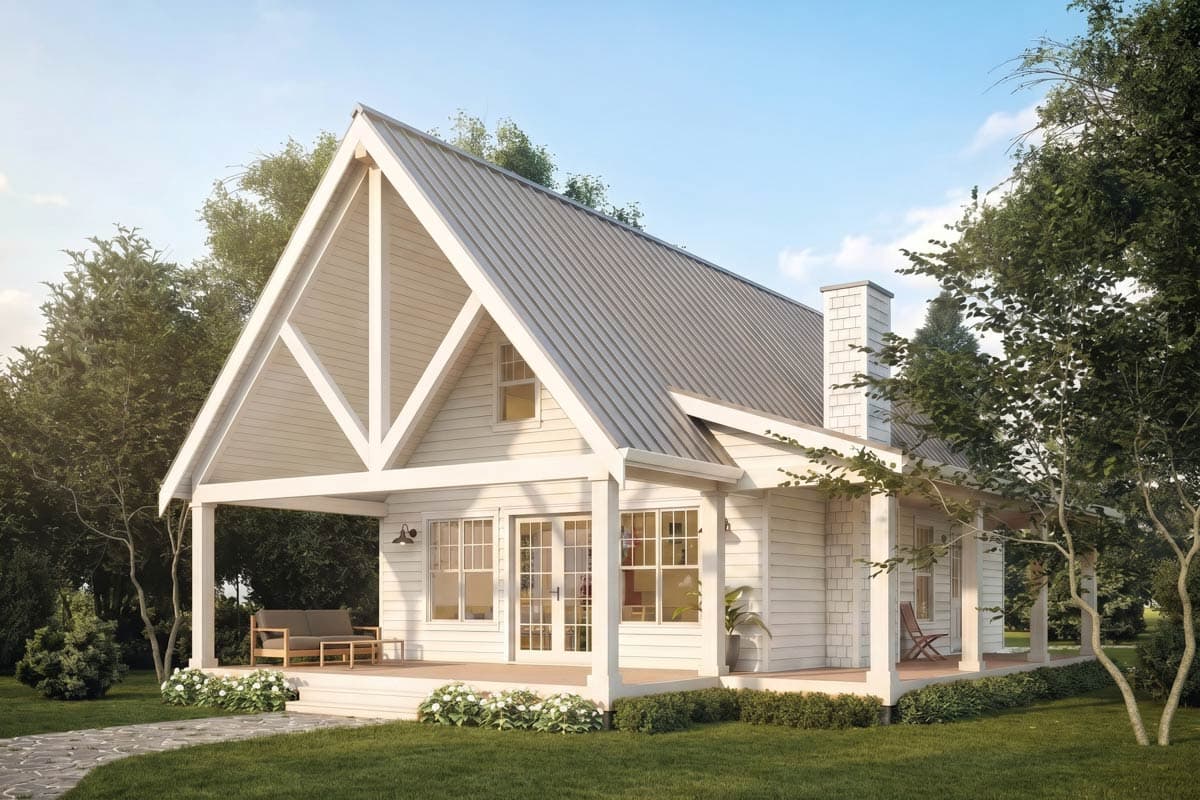 House plan exterior: Modern Farmhouse style, one story, featuring a prominent gable with exposed beams, a covered porch, and a metal roof.