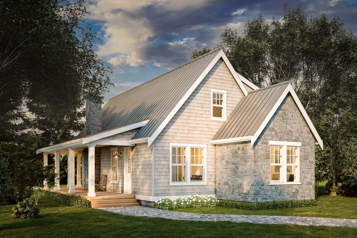 House plan exterior: Modern Farmhouse style, one story with wrap-around porch, gabled roof, and stone and shingle siding.