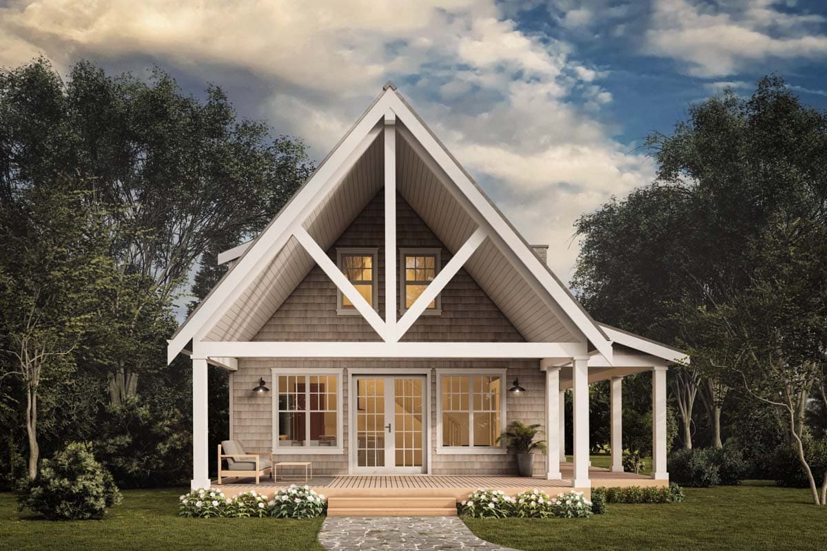 House plan exterior of a one-story modern A-frame home with a covered porch, large windows, and prominent exposed beam gable.