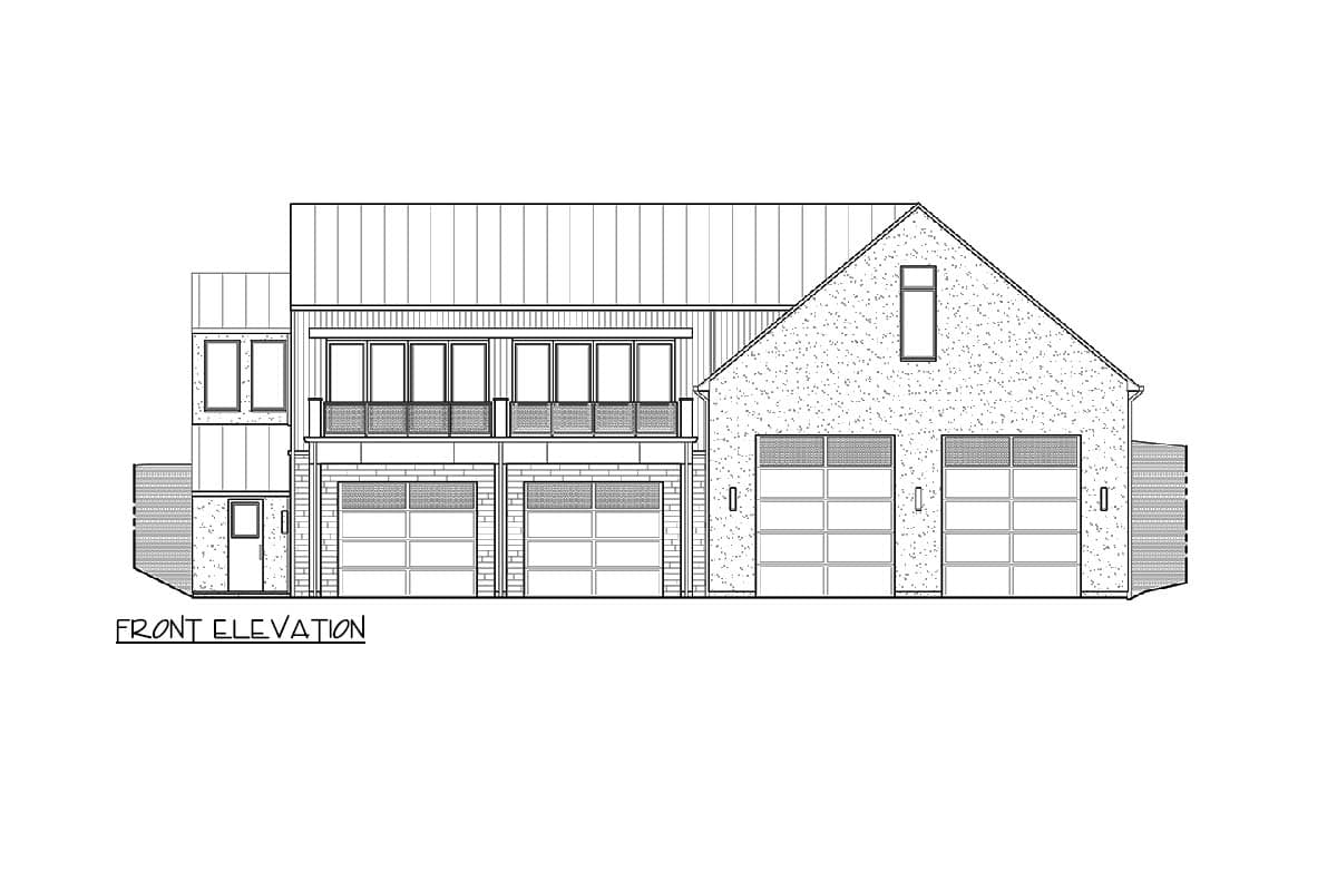Front elevation drawing of a house plan featuring a multi-level facade with five garage doors and a second-story balcony.
